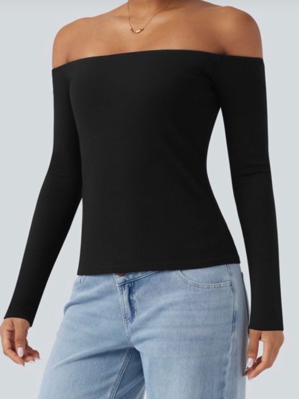 Halara Off-Shoulder Ribbed Long Sleeve Top in Black